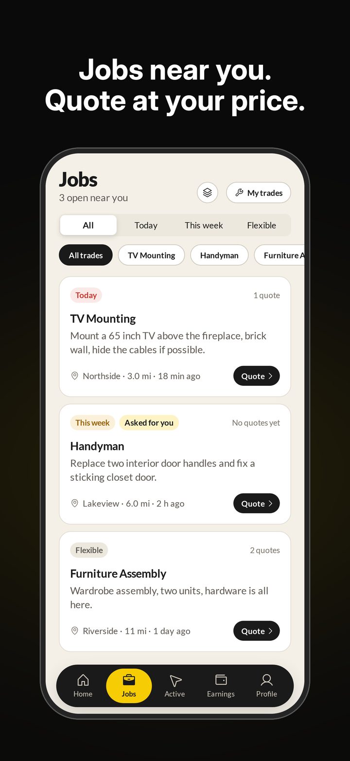 Handy Circle Pro: job requests near you, filtered by trade and day, quoted at your own price.
