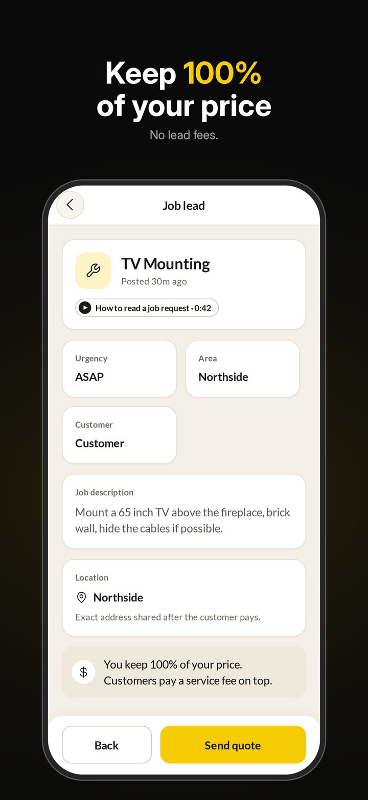 Keep 100% of your price, no lead fees: a TV mounting job lead in the Pro app.
