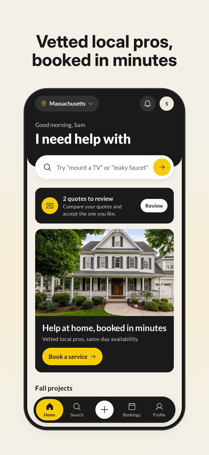 Handy Circle app home screen: local pros, booked without the phone calls. Search for help like mounting a TV or a leaky faucet.