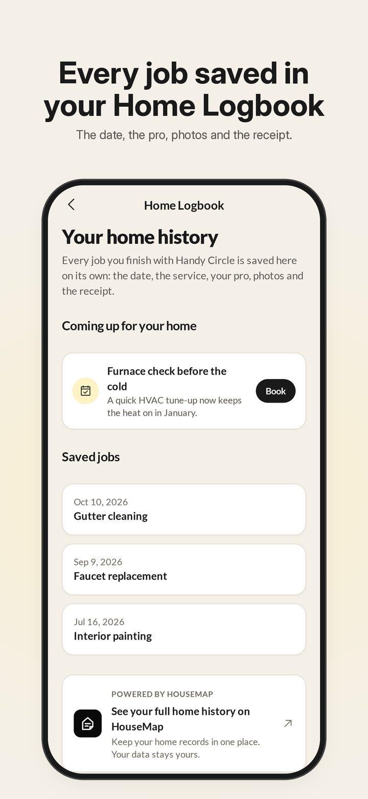 Every job saved in your Home Logbook: the date, the pro, photos and the receipt.